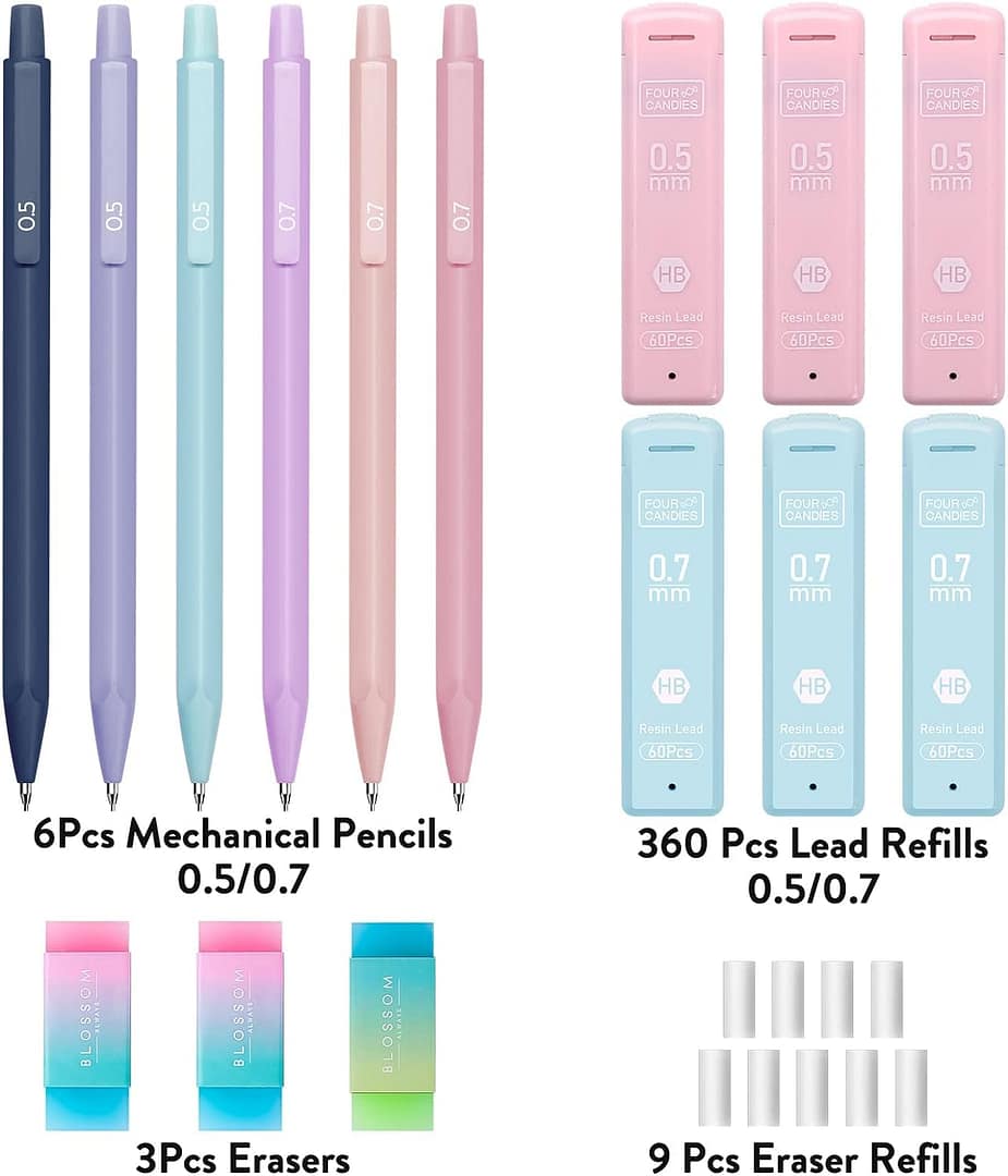 Four Candies Cute Mechanical Pencil Set, 6PCS Pastel 0.5 & 0.7mm with 360PCS HB Pencil Leads, 3PCS Erasers and 9PCS Eraser Refills, for Girls Writing 3 Gurayz, Mechanical Pencil, School supplies
